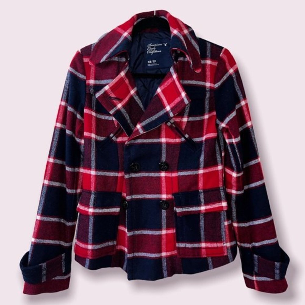 American Eagle Plaid Jacket Red Blue White Button Front Wool Coat Womens Size XS